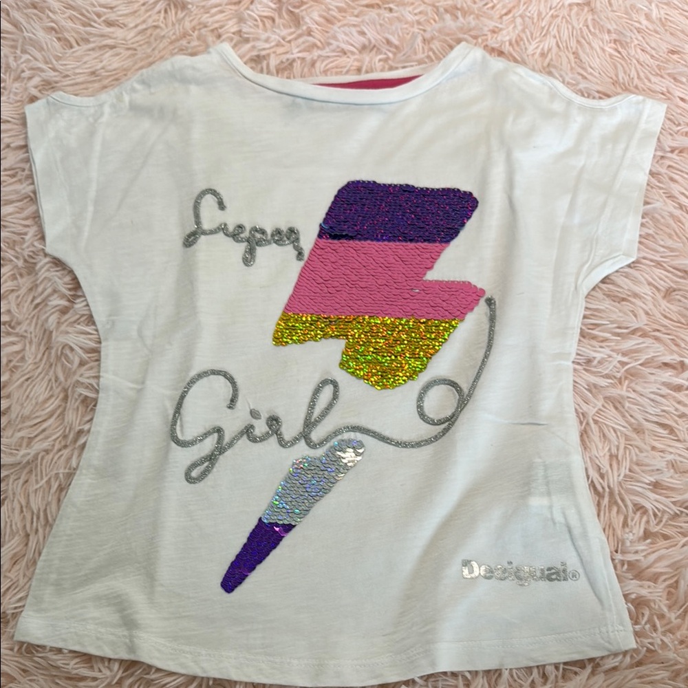 Desigual White and Purple Lightning Bolt Tee